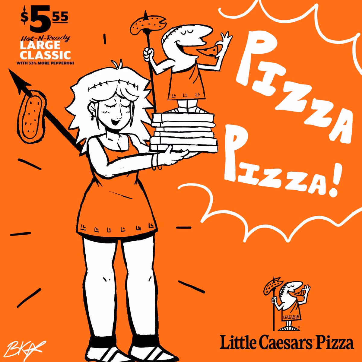 Big Cleopatra holding pizzas beside the Little Caesars mascot in orange-and-white fan art