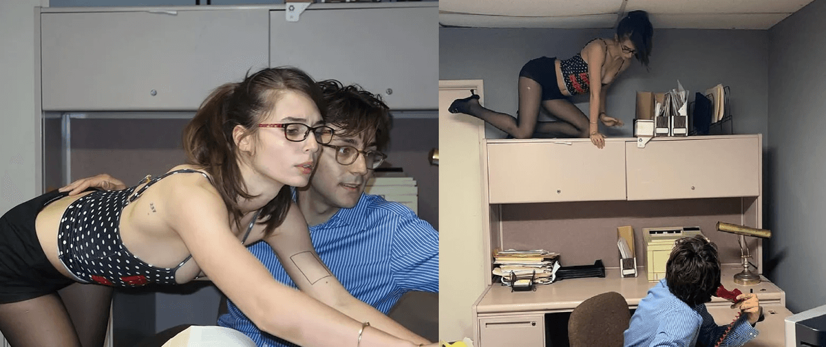 Composite image of two Omighty office-shoot photos featuring Isabella Scaffidi and Conor David Scheinberg in an office cubicle