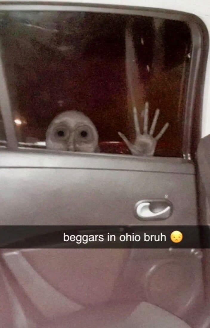 Imagen estilo Only in Ohio con una figura extraña en la ventanilla de un auto