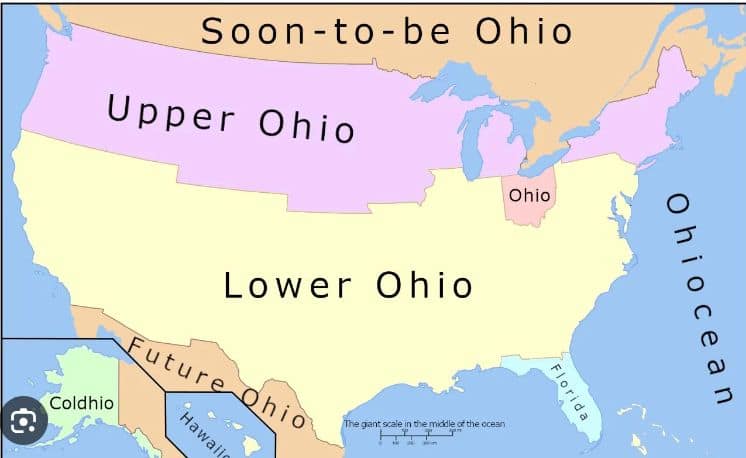 Mapa que imagina casi todo Estados Unidos dividido en regiones de Ohio