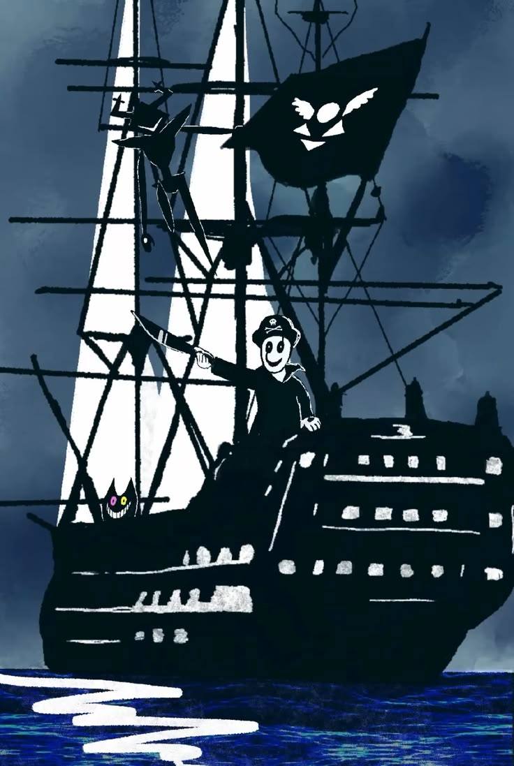 A skeletal pirate captain standing on a ship under a black flag