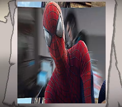 Andrew Garfield’s Spider-Man posed in front of rapidly flashing movie clips in a Polyester Edit