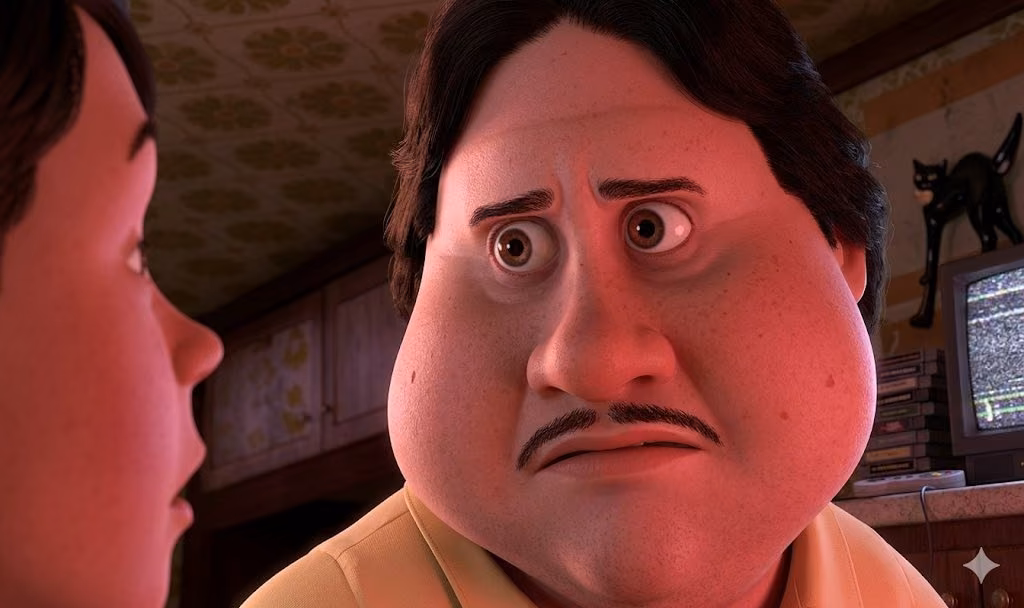Reginald Skull Skulinski staring forward with a tense expression while chewing in Monster House