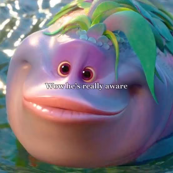Close-up Swapped character captioned Wow he's really aware
