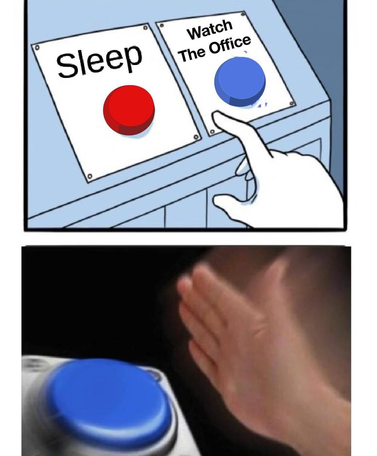 A sweating man hesitates between two red buttons — example 1