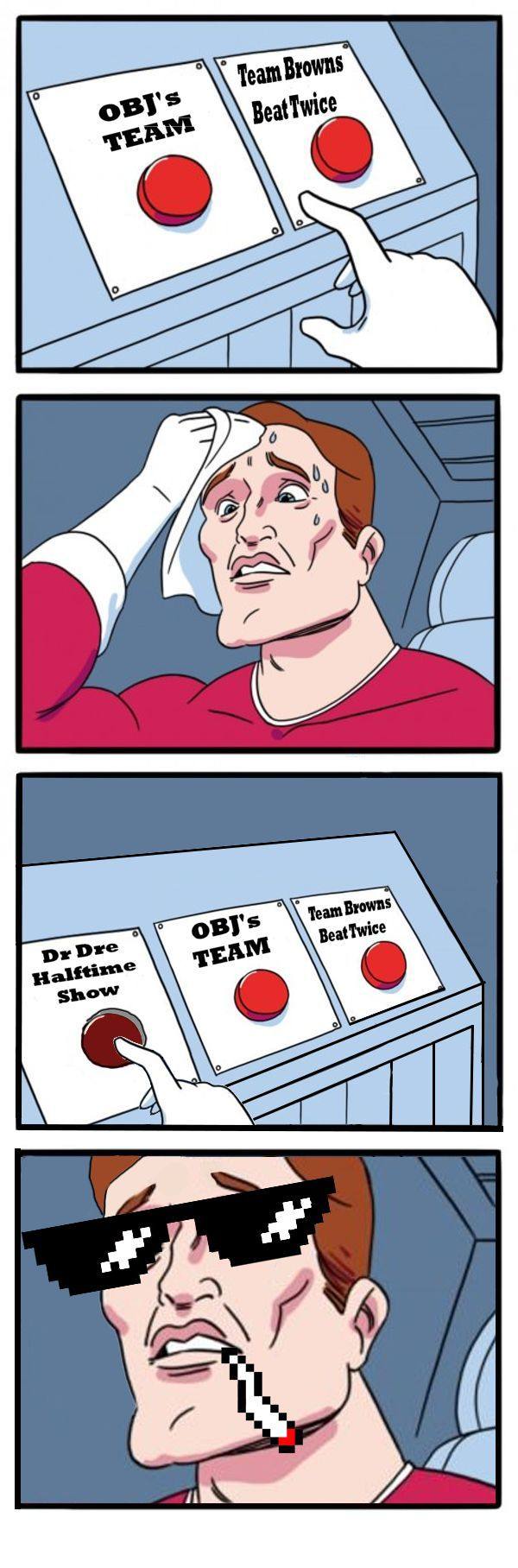 A sweating man hesitates between two red buttons — example 4